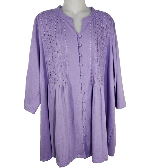Woman Within Tunic Top Size 1X 22/24 Lavender 3/4 Sleeve Button Up Embroidered - Picture 1 of 10